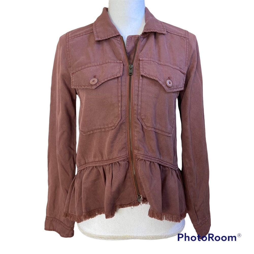 American Eagle Burgundy Lyocell Zip Front Jacket Raw Peplum Hem XXS